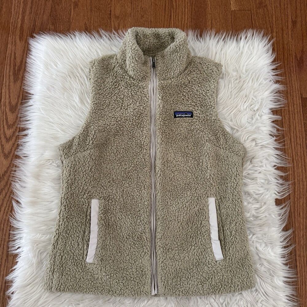 Patagonia Los Gatos Vest Women’s Medium Khaki Sherpa Fleece Full Zip Outdoor EUC